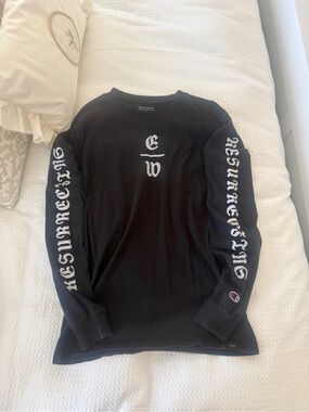 Champion Black Long Sleeve Graphic Tee with White Sleeve Script